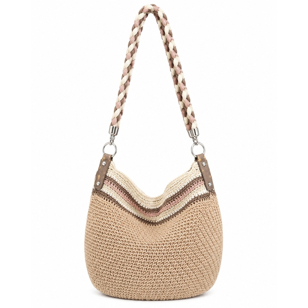 The Sak Crochet Hobo Bag Beige Striped Braided Strap Boho Shoulder Bag